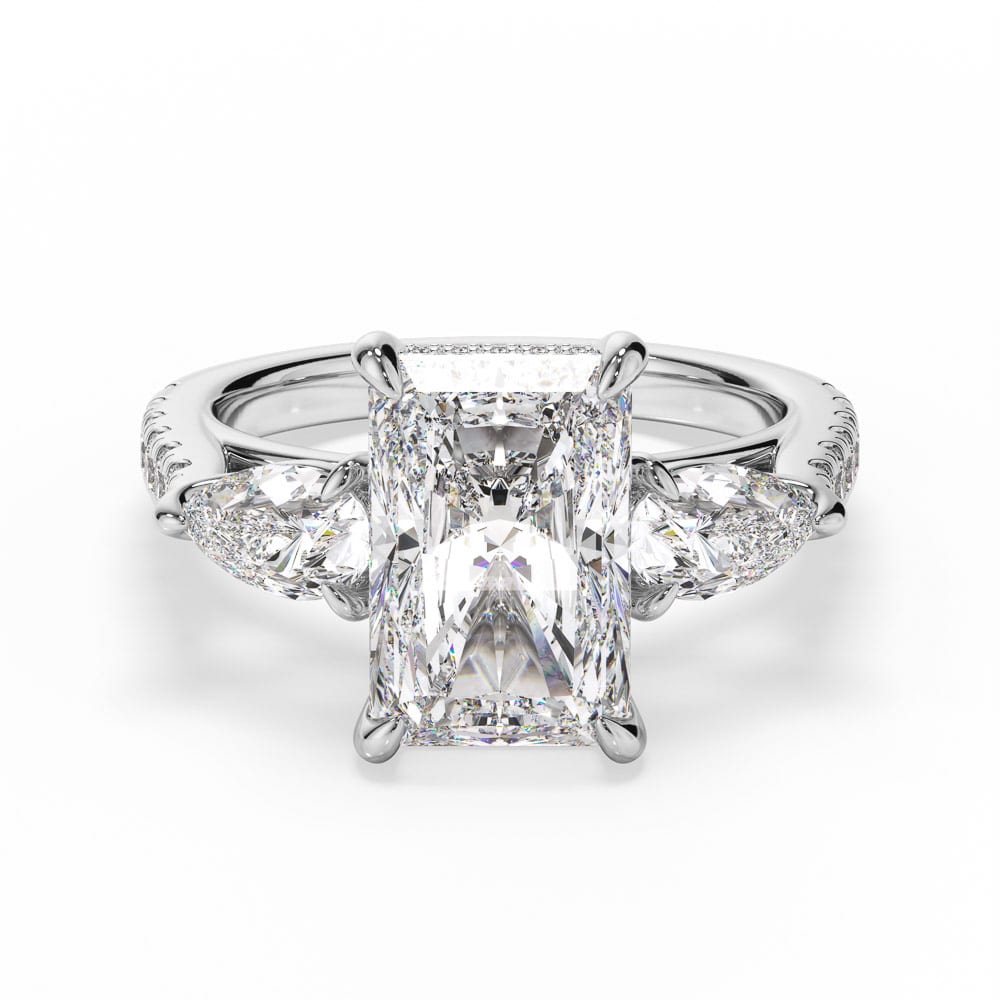 Radiant Cut Diamond Trilogy Engagement Ring with Pear Side Stones