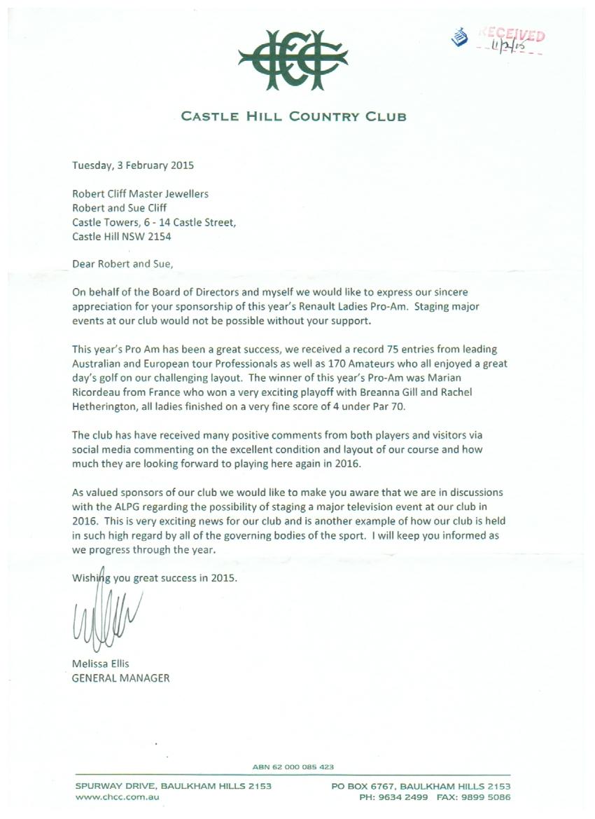 Robert Cliff MasterJewellers appreciation letter from Castle Hill Country Club