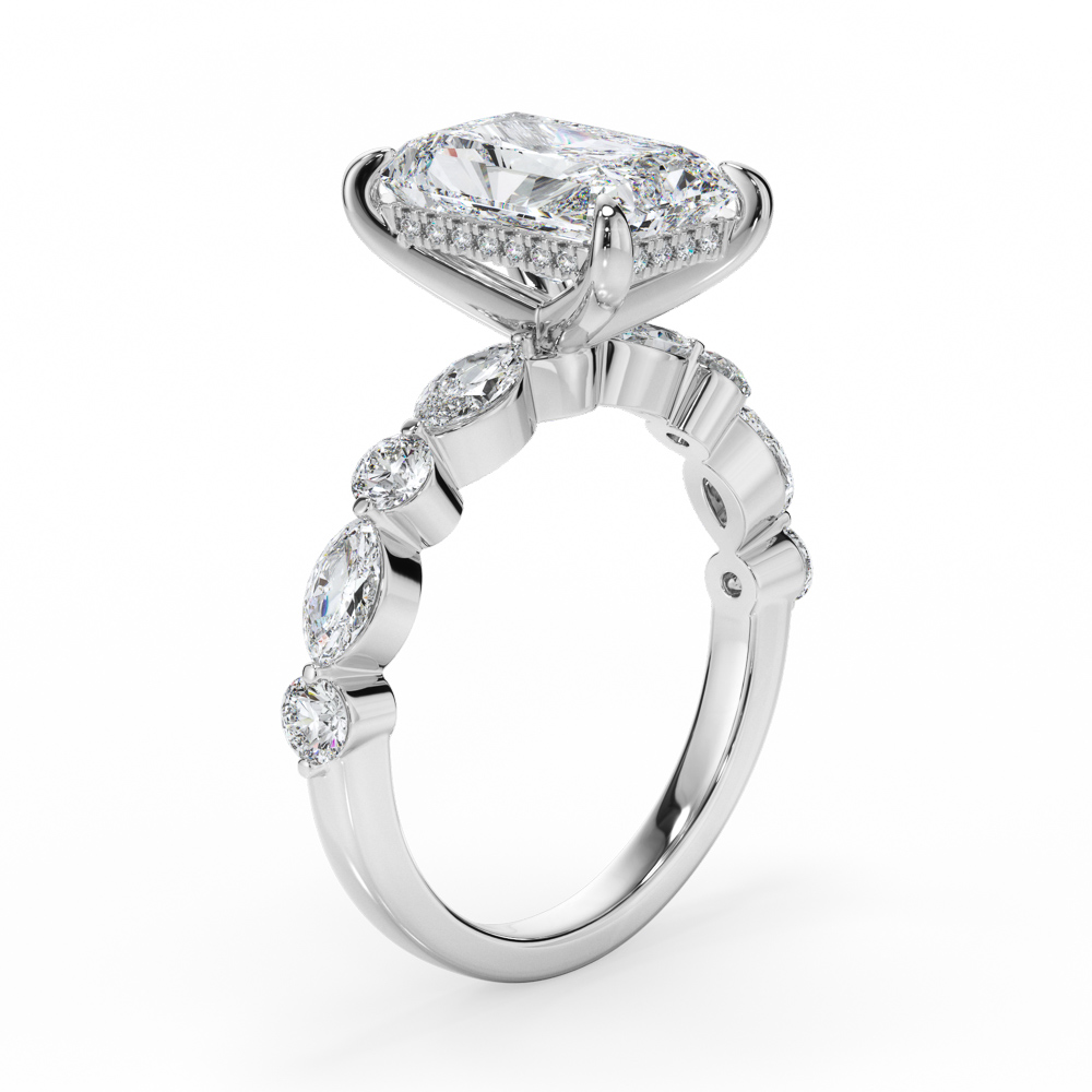 Radiant cut Engagement ring with marquise and round cut diamond band
