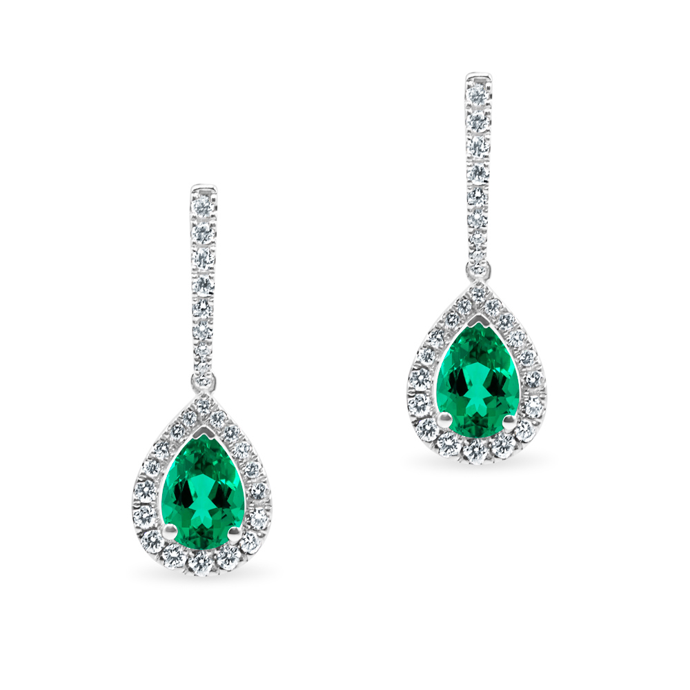 Pear Emerald halo drop earrings