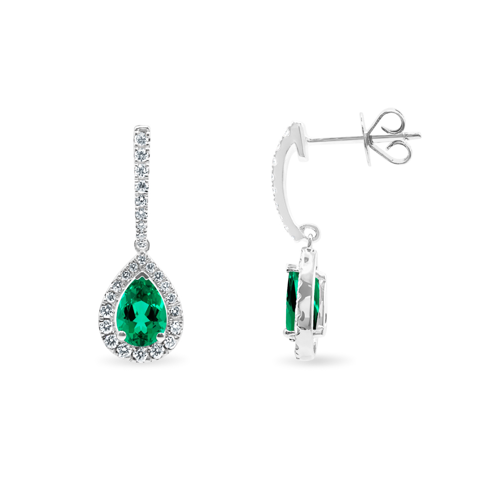 Pear Emerald halo drop earrings